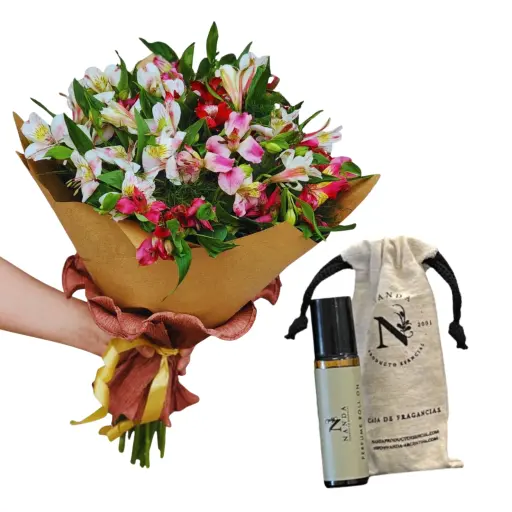 Ramo de flores astromelias con perfume roll on